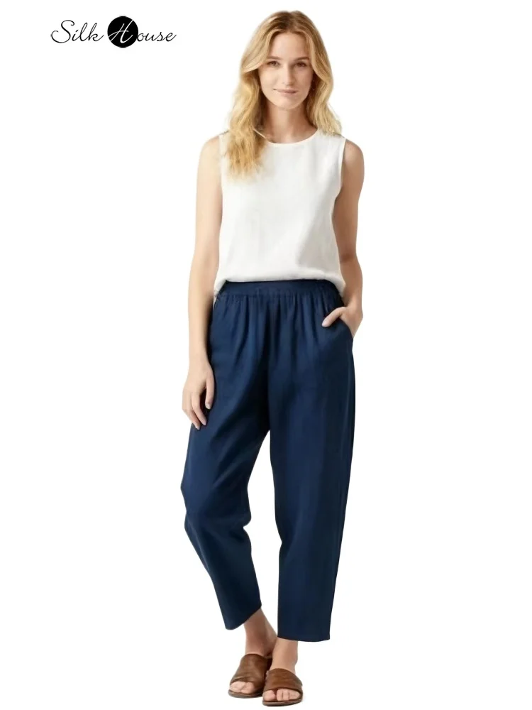 Blue and Black Double-sided 100% Natural Mulberry Silk Gambiered Guangdong Gauze Retro Elastic Waist Women's Straight Leg Pants
Blue and Black Double-sided 100% Natural Mulberry Silk Gambiered Guangdong Gauze Retro Elastic Waist Women's Straight Leg Pants