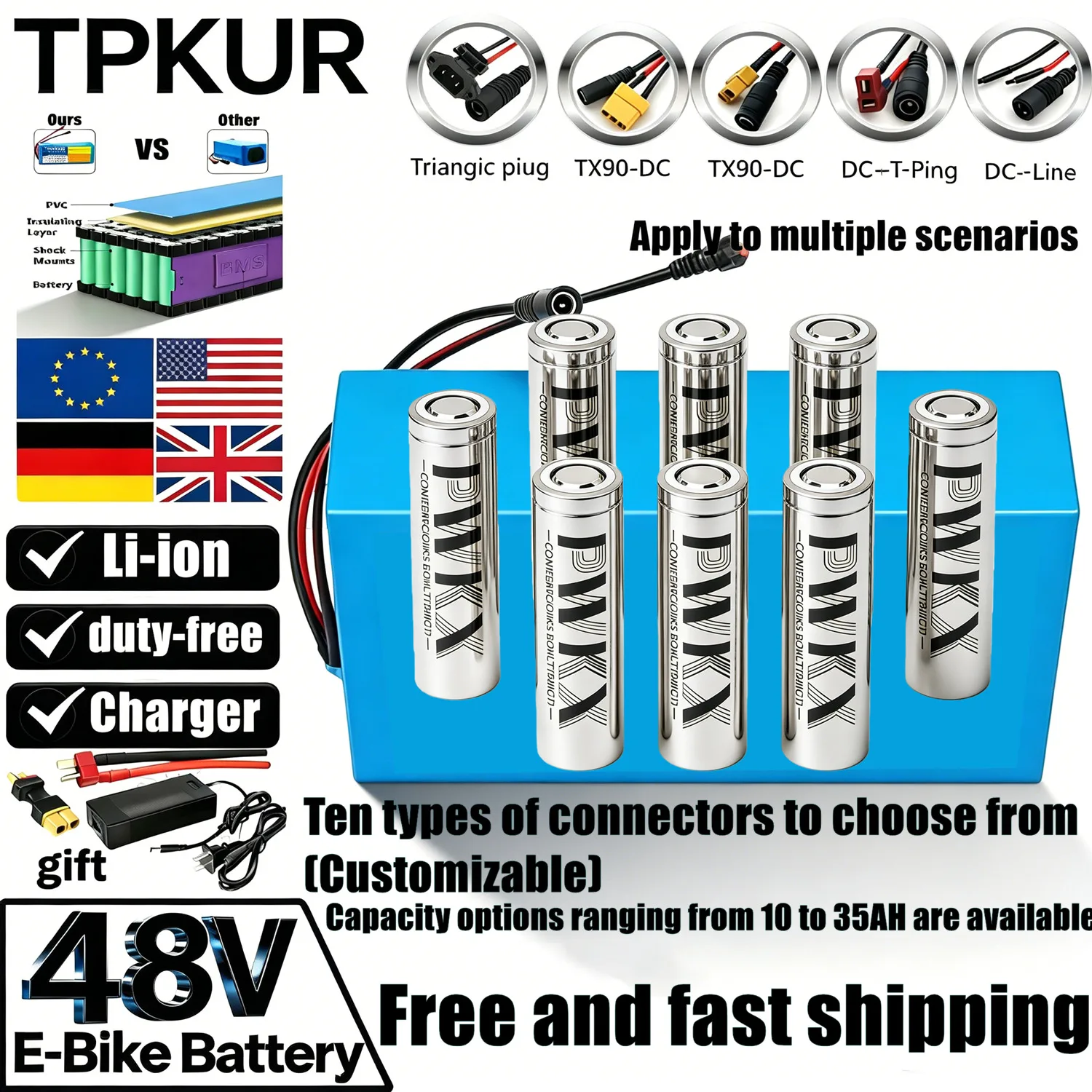 48V high-capacity lithium battery pack (10-35Ah) with a stable 13S6P configuration, featuring a built-in BMS, and dedicated comp
48V high-capacity lithium battery pack (10-35Ah) with a stable 13S6P configuration, featuring a built-in BMS, and dedicated comp