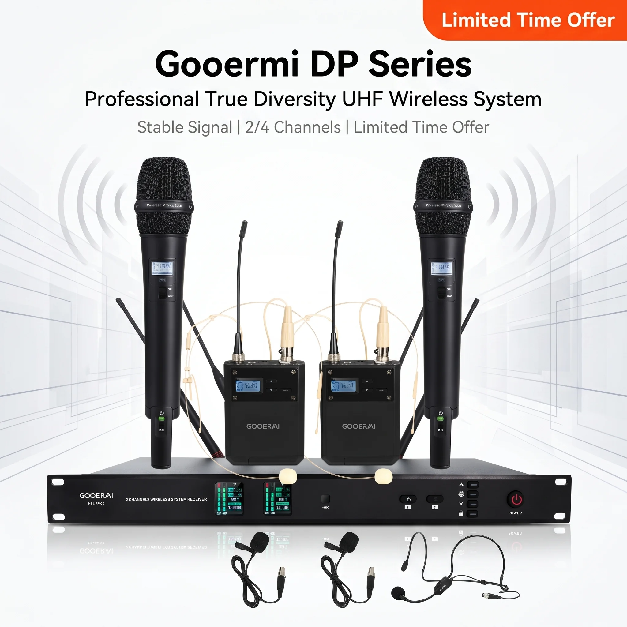 Gooermi DP Series UHF Wireless Microphone System Professional True Diversity 2/4 Channel Mic 600-690MHz for Stage Karaoke Church
Gooermi DP Series UHF Wireless Microphone System Professional True Diversity 2/4 Channel Mic 600-690MHz for Stage Karaoke Church