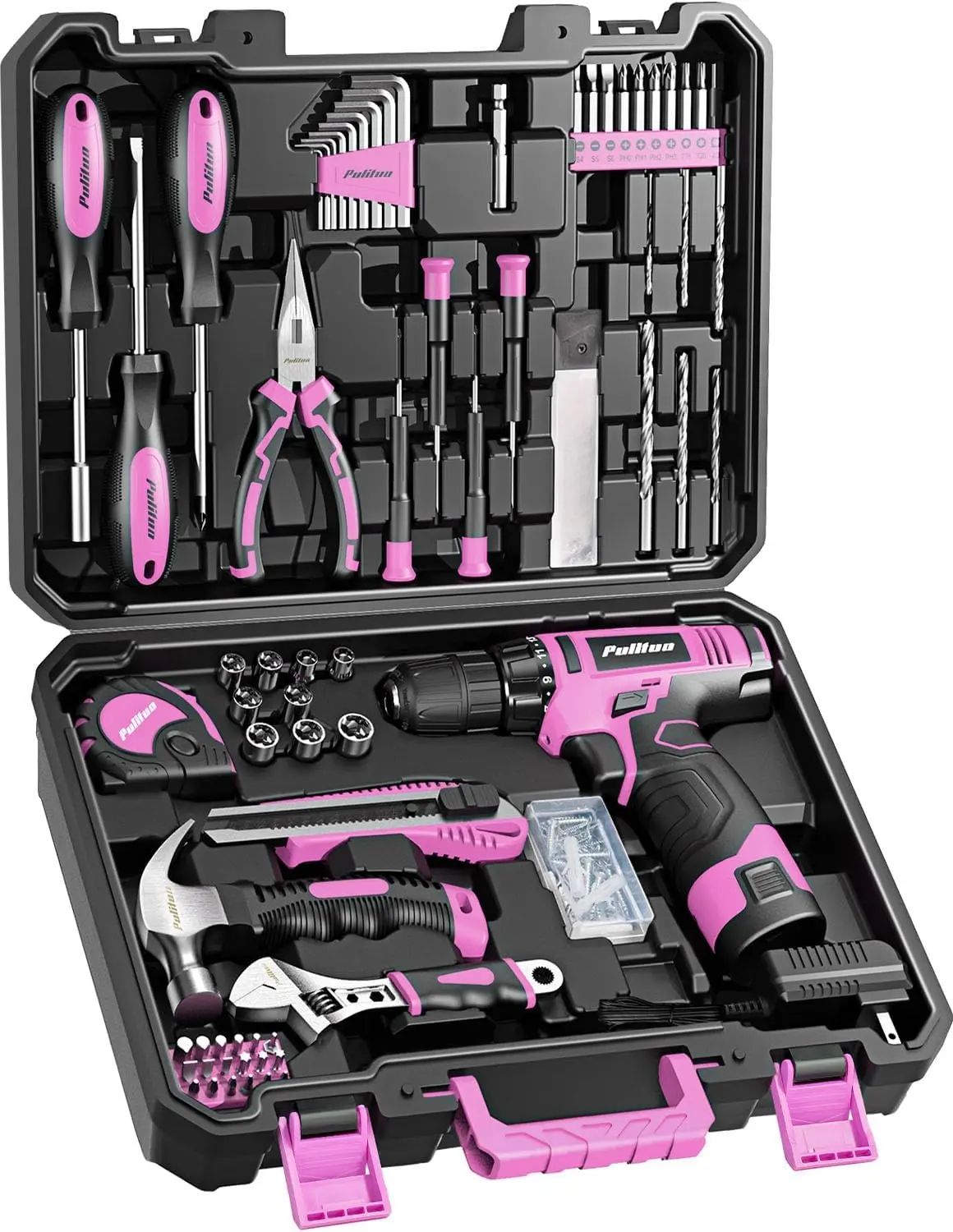 149-Piece Home Tool Set with 12V Pink Cordless Drill, Toolbox, Hand Tools for DIY Home Improvement
149-Piece Home Tool Set with 12V Pink Cordless Drill, Toolbox, Hand Tools for DIY Home Improvement