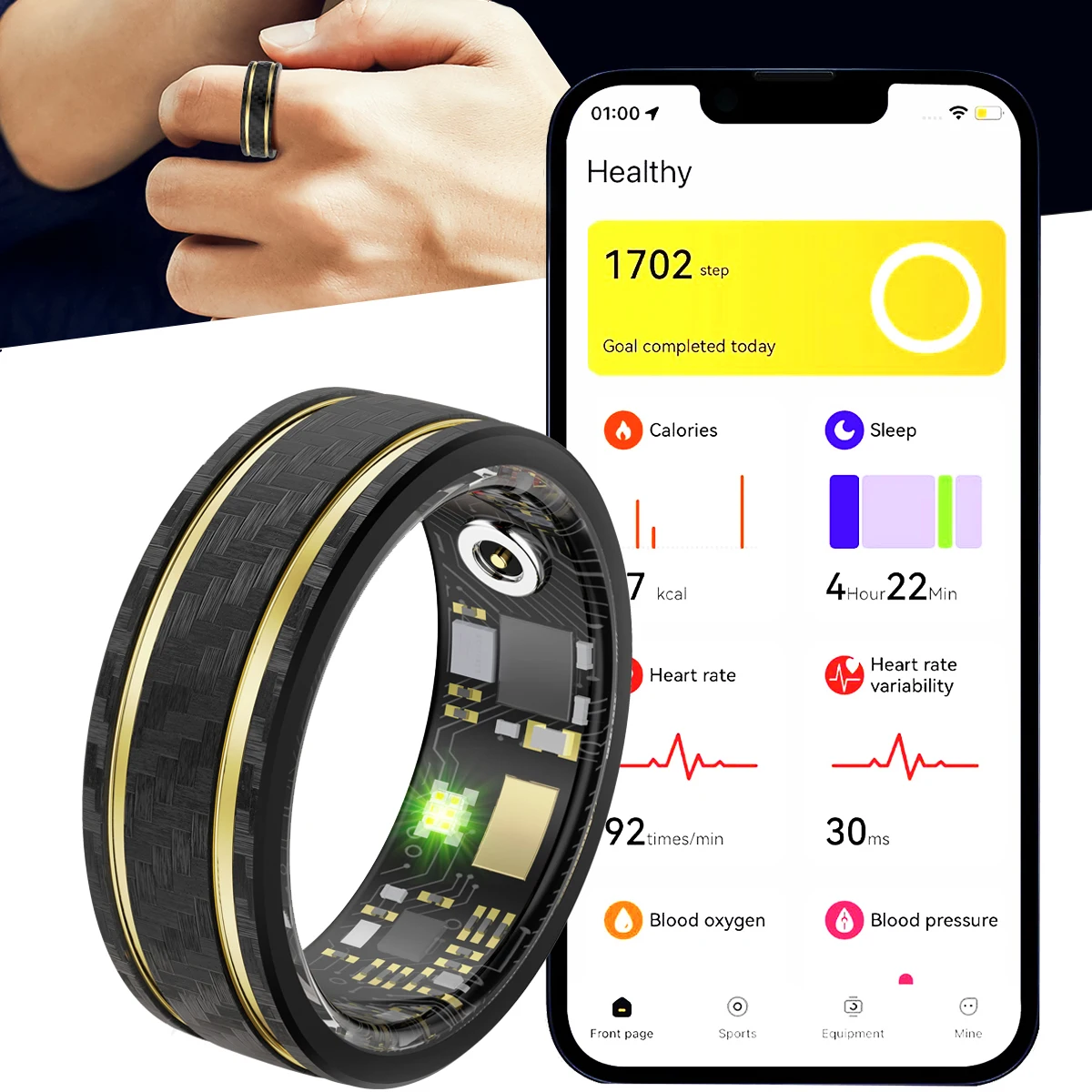 Carbon Fiber Smart Ring With Blood Oxygen Heart Rate Health Monitor Sleep Tracking Pedometer Multi Sport Modes IP68 Waterproof 
Carbon Fiber Smart Ring With Blood Oxygen Heart Rate Health Monitor Sleep Tracking Pedometer Multi Sport Modes IP68 Waterproof