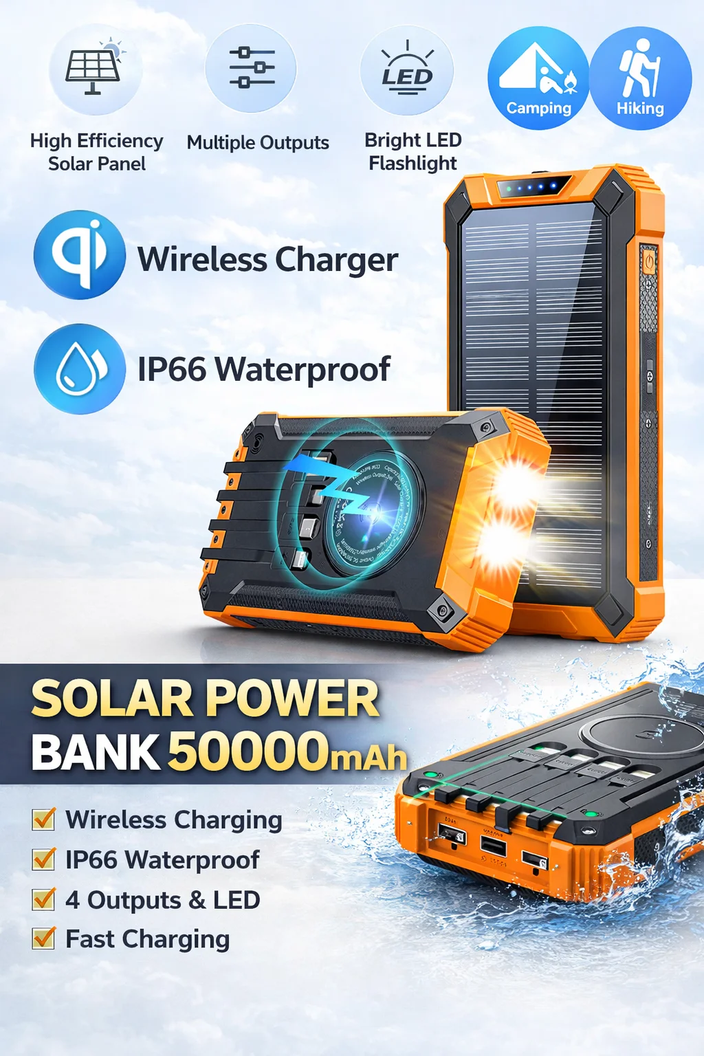 Solar Power Bank 50000mAh IP66 Waterproof Charger/4 Outputs/QI Wireless Charging/Powerful Flashlight for Hiking Travel、Outdoor
Solar Power Bank 50000mAh IP66 Waterproof Charger/4 Outputs/QI Wireless Charging/Powerful Flashlight for Hiking Travel、Outdoor