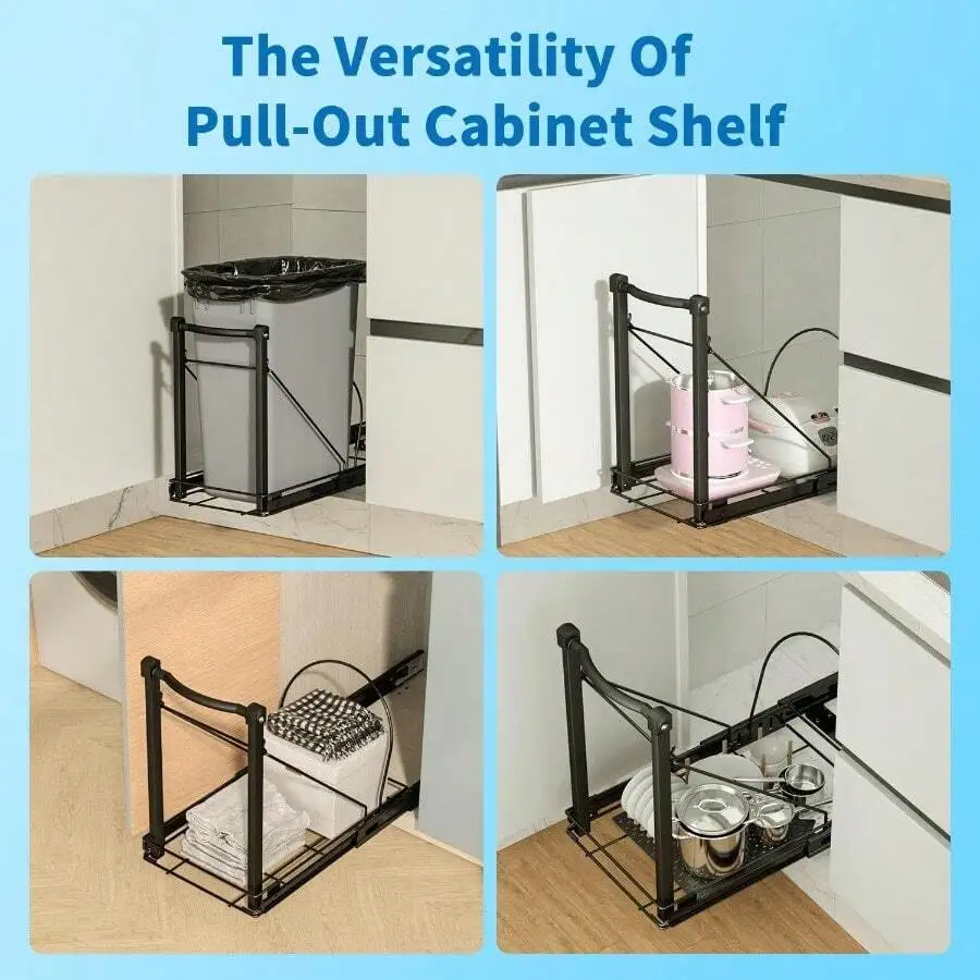 Adjustable Under Cabinet Pull-Out Organizer With Soft Close Rail Heavy Duty Black Steel For Trash Can Or Kitchen Storage
Adjustable Under Cabinet Pull-Out Organizer With Soft Close Rail Heavy Duty Black Steel For Trash Can Or Kitchen Storage