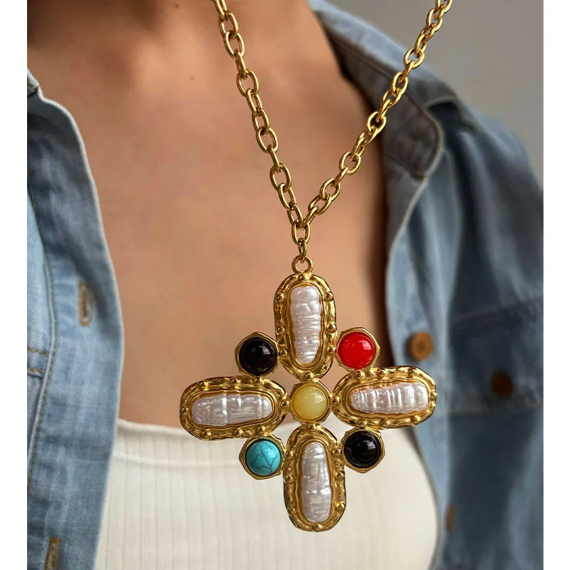 Stainless Steel Colored Natural Stone Imitation Pearl Cross Pendant Women's Necklace Charm Waterproof Jewelry Gifts
Stainless Steel Colored Natural Stone Imitation Pearl Cross Pendant Women's Necklace Charm Waterproof Jewelry Gifts