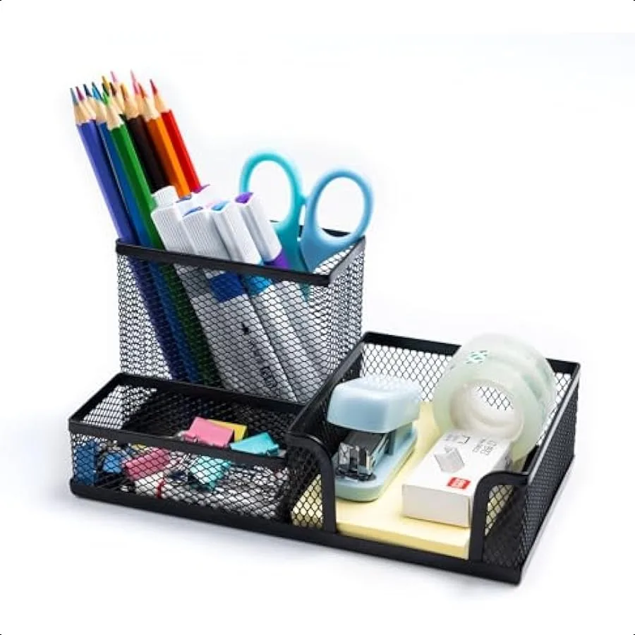 Black Mesh Pen Holder Desktop Organizers Pencil Holder for Desk 3 Compartments Metal Office Supply Organizer with Sticky Notes
Black Mesh Pen Holder Desktop Organizers Pencil Holder for Desk 3 Compartments Metal Office Supply Organizer with Sticky Notes