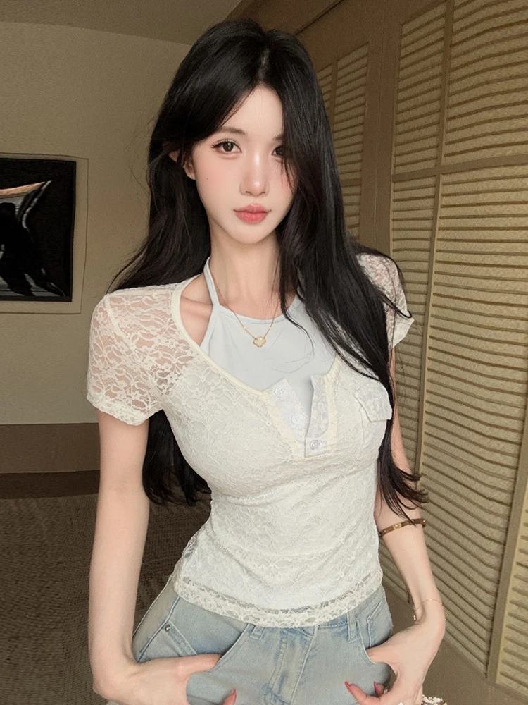 Pure Desire Style Lace Splice Neck Hanging False Two-Piece T-Shirt Slimming Base Shirt Short Sleeve Girl's Fashion Summer Top
Pure Desire Style Lace Splice Neck Hanging False Two-Piece T-Shirt Slimming Base Shirt Short Sleeve Girl's Fashion Summer Top
