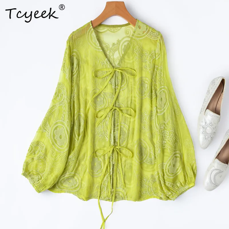 Tcyeek 100% Real Silk Womens Tops 2026 Spring New Embroidered Semi-transparent Lace-up Shirts Female Clothing Roupas Femininas
Tcyeek 100% Real Silk Womens Tops 2026 Spring New Embroidered Semi-transparent Lace-up Shirts Female Clothing Roupas Femininas