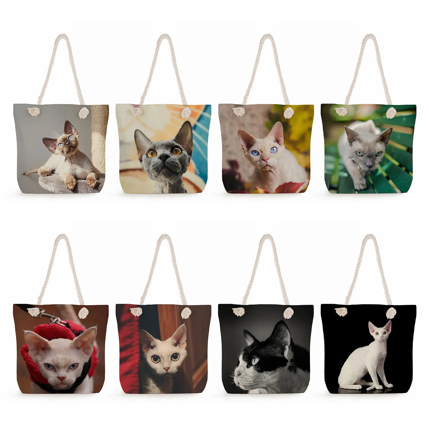 Cute Devon Rex Cat Print Handbags Casual Women Tote Bags Portable Thick Rope Beach Bag Polyester Linen Eco Reusable Shopping Bag
Cute Devon Rex Cat Print Handbags Casual Women Tote Bags Portable Thick Rope Beach Bag Polyester Linen Eco Reusable Shopping Bag