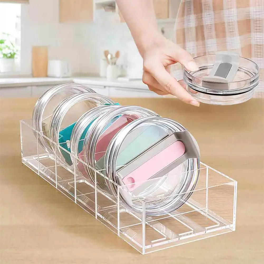 Tumbler Lid Storage Box Clear Acrylic Cup Lid Organizer with 5 Dividers Easy Drainage Cup Lid Storage Box for Kitchen Cabinet
Tumbler Lid Storage Box Clear Acrylic Cup Lid Organizer with 5 Dividers Easy Drainage Cup Lid Storage Box for Kitchen Cabinet