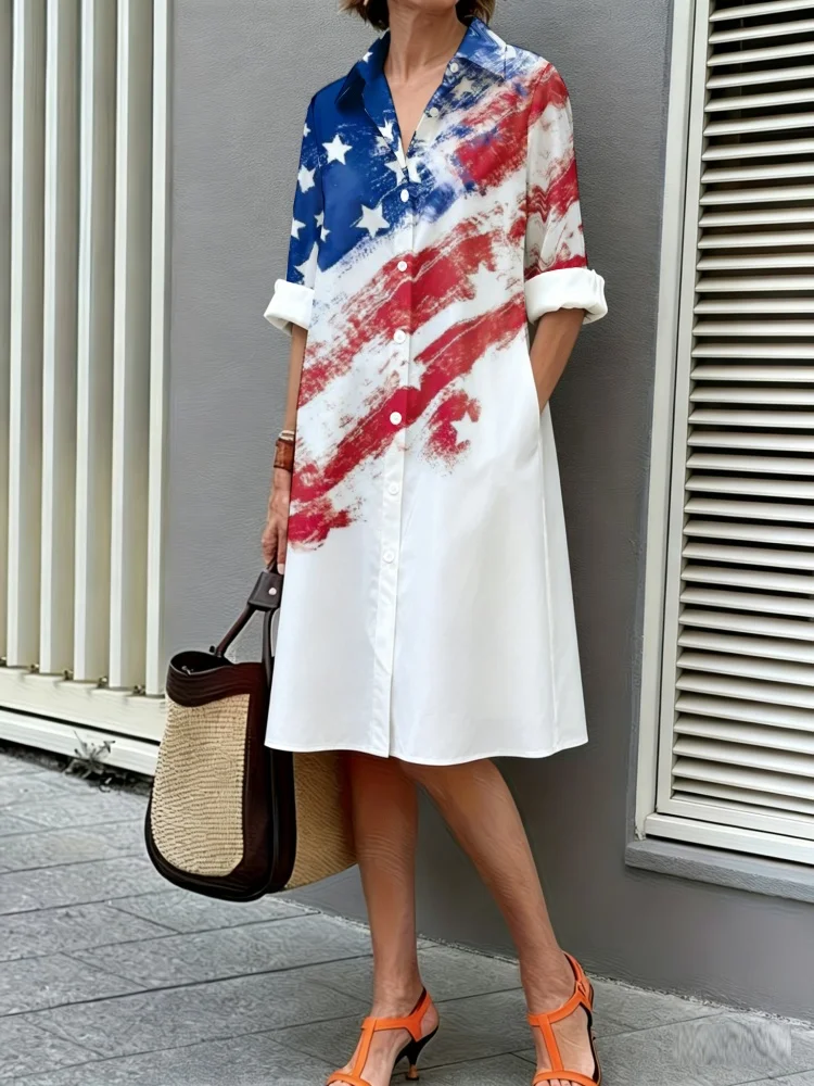 Plus Size Women's Star & Stripes Print Shirt Dress American Long Sleeve Button Front Casual Loose Party Midi Sundress for Summer
Plus Size Women's Star & Stripes Print Shirt Dress American Long Sleeve Button Front Casual Loose Party Midi Sundress for Summer