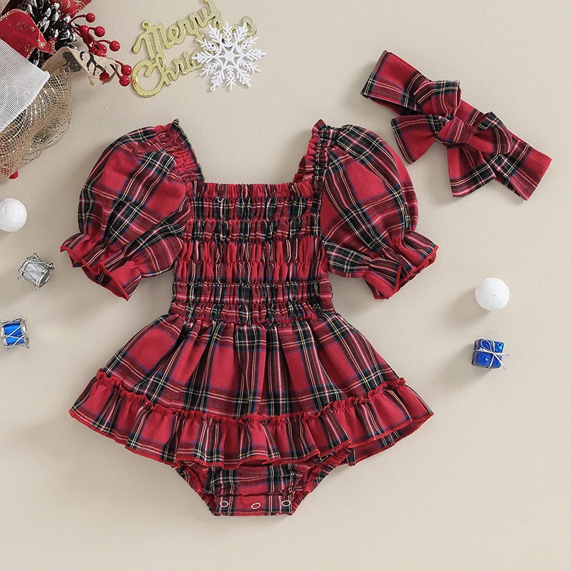 Infant Baby Girls Christmas Romper Dress Plaid Print Short Puff Sleeve Square Neck Jumpsuit Bow Headband 2pcs Xmas Outfit
Infant Baby Girls Christmas Romper Dress Plaid Print Short Puff Sleeve Square Neck Jumpsuit Bow Headband 2pcs Xmas Outfit