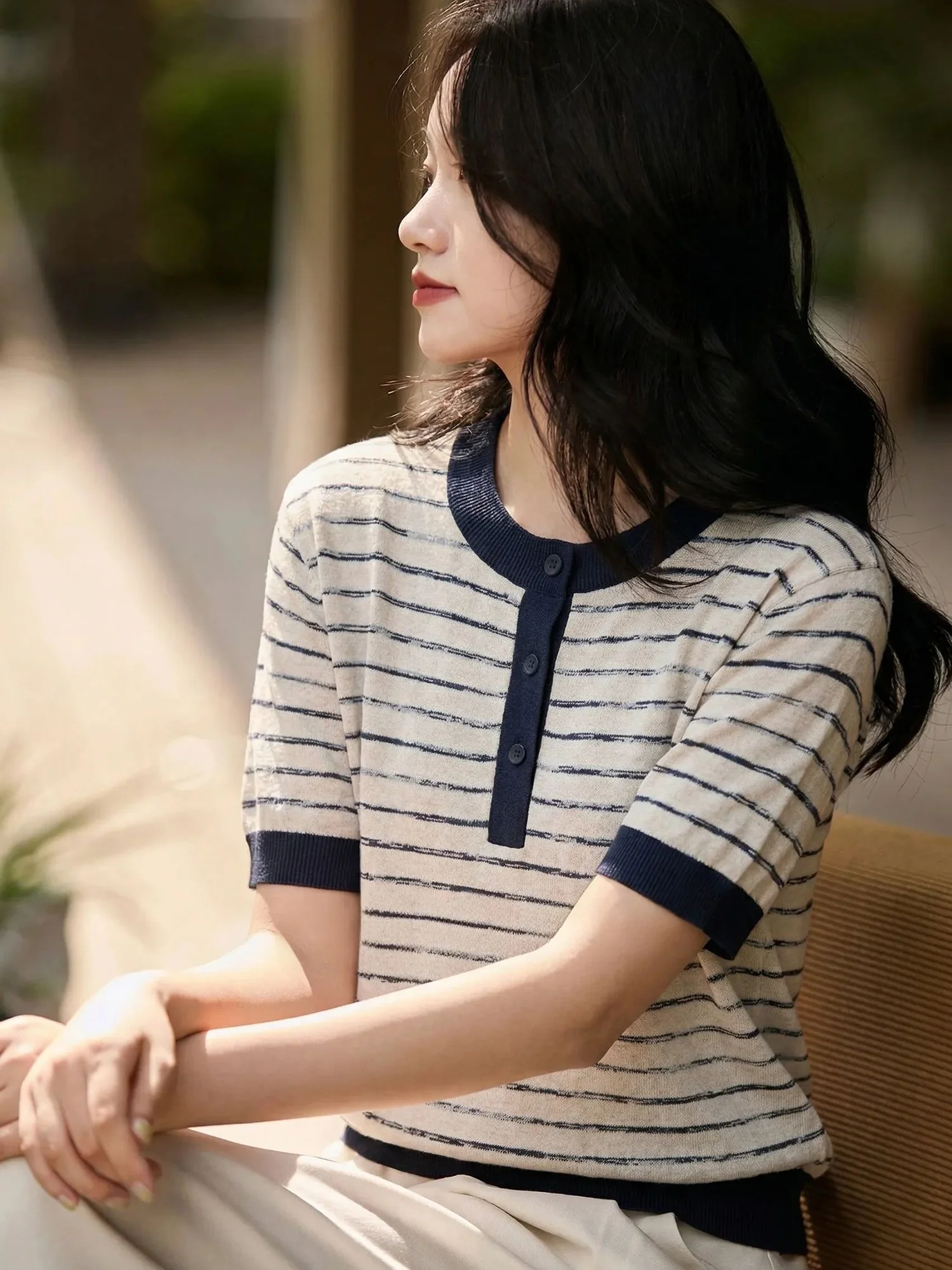 Fashionable Striped Knit Top Loose Short Sleeve round Neck Youthful Slimming Women's Summer T-shirt Casual Comfortable Fit
Fashionable Striped Knit Top Loose Short Sleeve round Neck Youthful Slimming Women's Summer T-shirt Casual Comfortable Fit