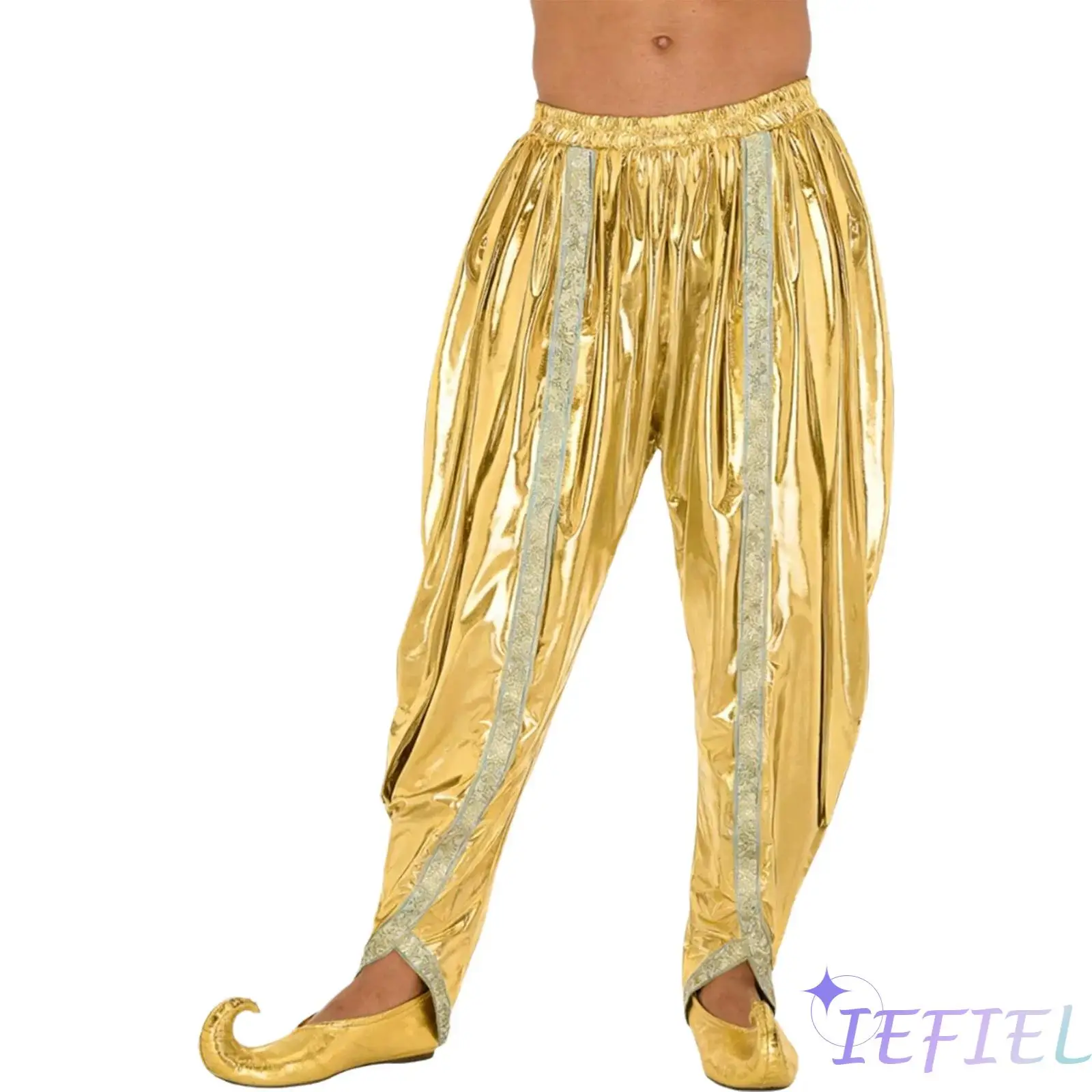 Adults Mens Indian Dhoti Pants Gold Brocade Trim Metallic Shiny Arab Baggy Pants Harem Palazzo Pants for Cosplay Party Trousers
Adults Mens Indian Dhoti Pants Gold Brocade Trim Metallic Shiny Arab Baggy Pants Harem Palazzo Pants for Cosplay Party Trousers