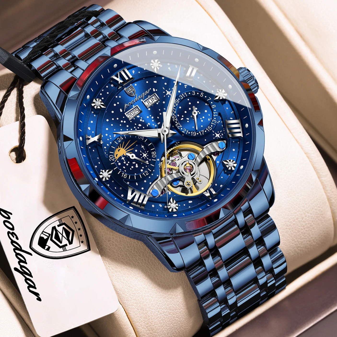 POEDAGAR Fashion Men Clock Automatic Mechanical Stainless Steel Men's Watches Date Hollow Tourbillon Luxury Male Watch Reloj+Box
POEDAGAR Fashion Men Clock Automatic Mechanical Stainless Steel Men's Watches Date Hollow Tourbillon Luxury Male Watch Reloj+Box