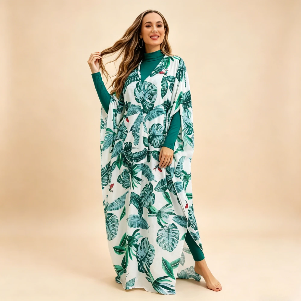 4-Piece Tropical Leaf Print Muslim Burkini Swimsuit with Kaftan Cover Up & Hijab Modest Full Coverage Islamic Swimwear Beachwear
4-Piece Tropical Leaf Print Muslim Burkini Swimsuit with Kaftan Cover Up & Hijab Modest Full Coverage Islamic Swimwear Beachwear