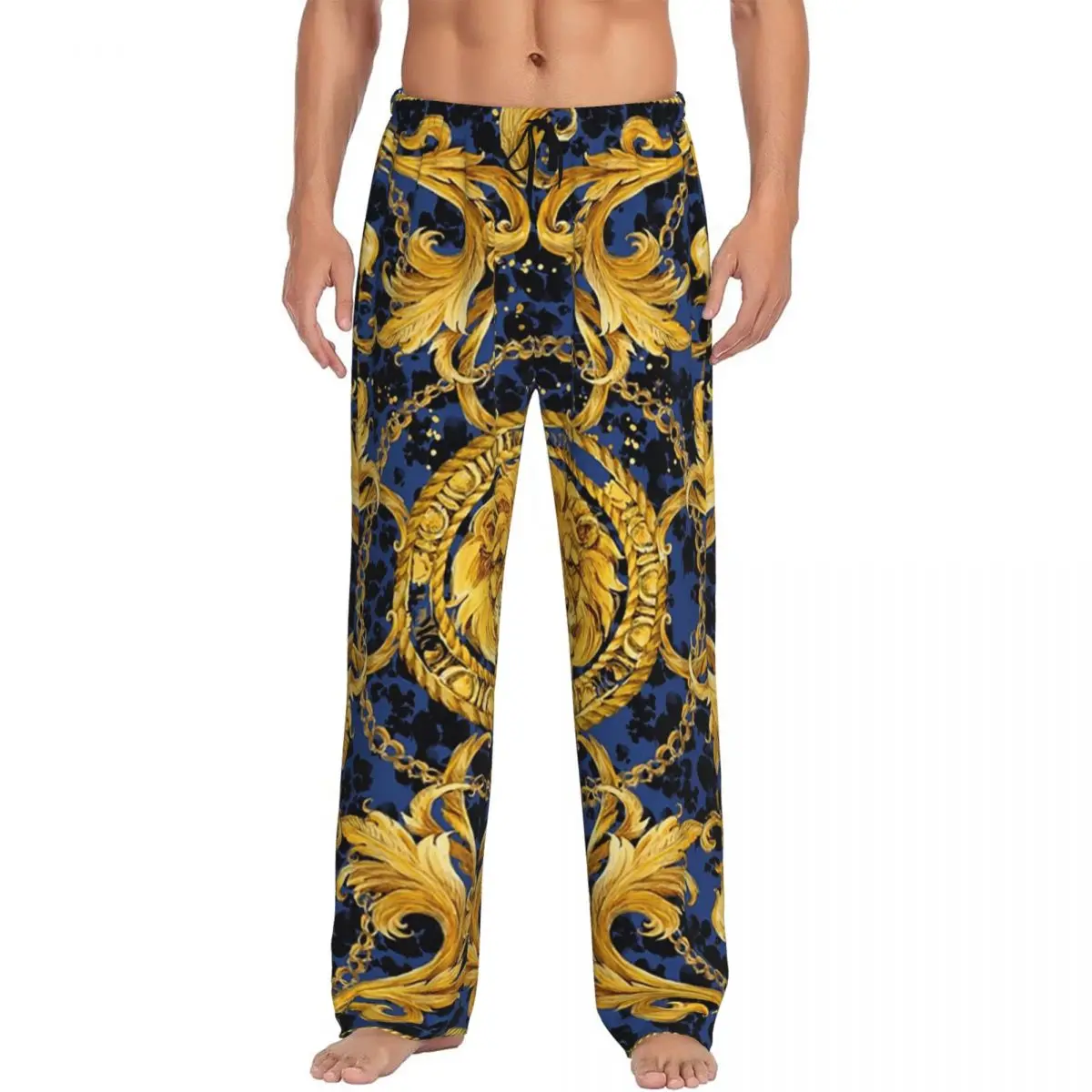 Изготовленные на заказ пижамные штаны с золотым львом в стиле барокко и дамасским орнаментом, мужская одежда для сна, штаны для сна с карманами
Изготовленные на заказ пижамные штаны с золотым львом в стиле барокко и дамасским орнаментом, мужская одежда для сна, штаны для сна с карманами