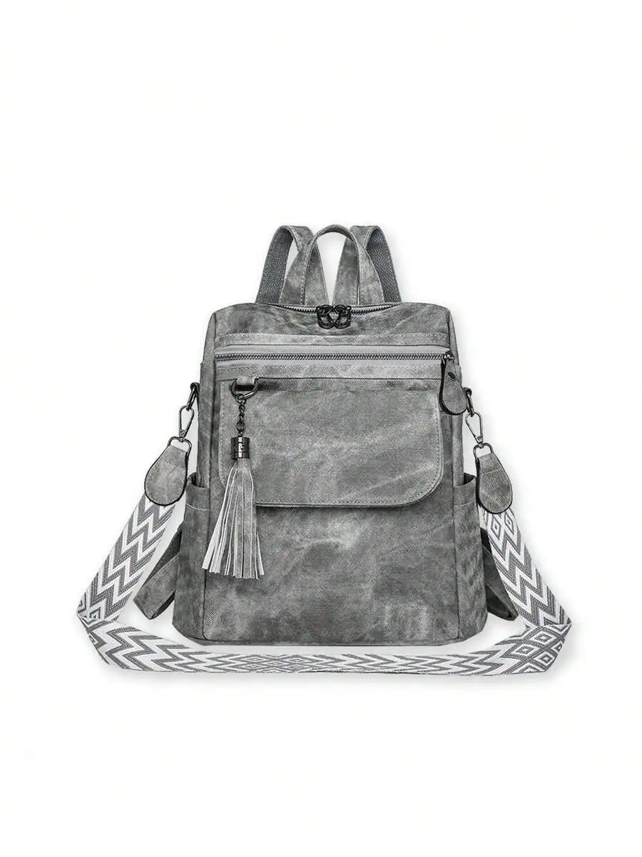 Vintage Gray Faux Suede Multi-Way Backpack With Tassel And Geometric Strap
Vintage Gray Faux Suede Multi-Way Backpack With Tassel And Geometric Strap