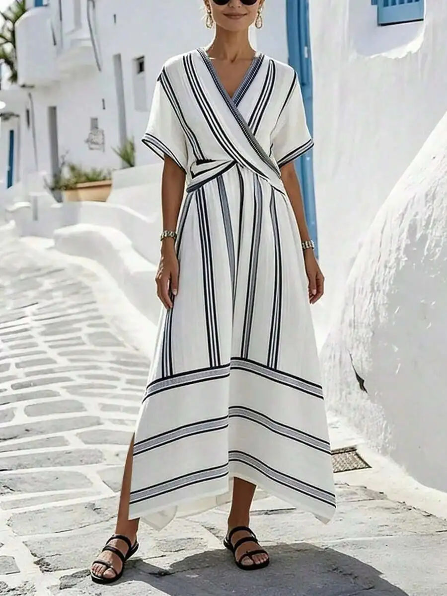 V-Neck Wrap Dress Women Short Sleeve Striped Midi A-Line Casual Summer Dress
V-Neck Wrap Dress Women Short Sleeve Striped Midi A-Line Casual Summer Dress
