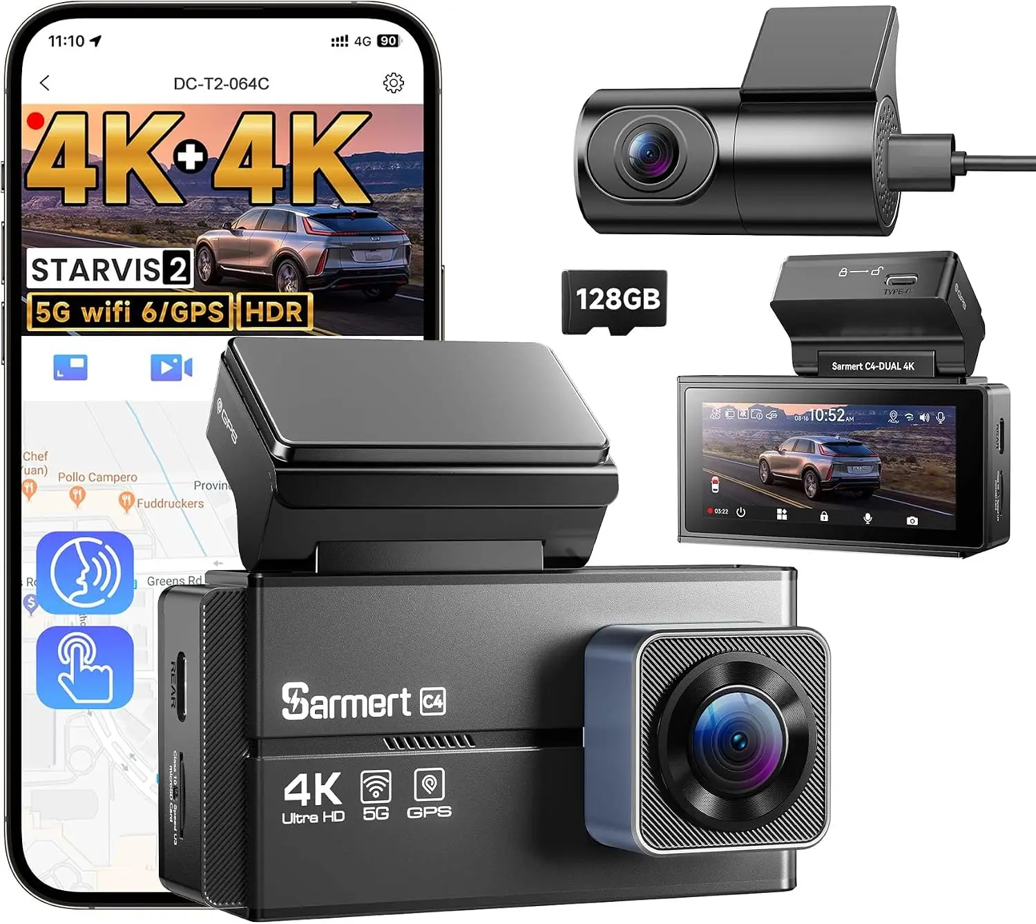 4K+4K Dash Cam Front and Rear, C4 Dash Cam Free 128GB Card Included, Built-in GPS and 5G WiFi, HDR Night Vision, WDR Dash Camera
4K+4K Dash Cam Front and Rear, C4 Dash Cam Free 128GB Card Included, Built-in GPS and 5G WiFi, HDR Night Vision, WDR Dash Camera