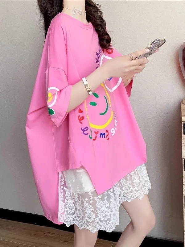 Lace Short Sleeve Midi Dress Women's Loose plus Size Summer T-Shirt Style Korean Commute Fashion Cotton Blend Casual Wear
Lace Short Sleeve Midi Dress Women's Loose plus Size Summer T-Shirt Style Korean Commute Fashion Cotton Blend Casual Wear
