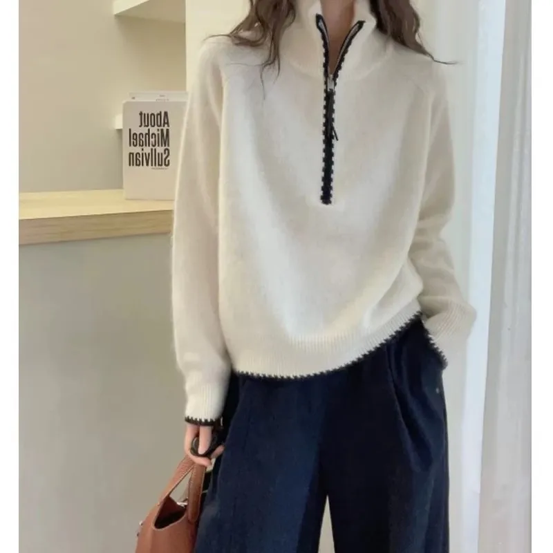 Женский свитер с полуоткрытым воротником на молнии, 100% шерсть, свободный крой, утолщенный, с длинными рукавами, вязаный, базовый.
Женский свитер с полуоткрытым воротником на молнии, 100% шерсть, свободный крой, утолщенный, с длинными рукавами, вязаный, базовый.