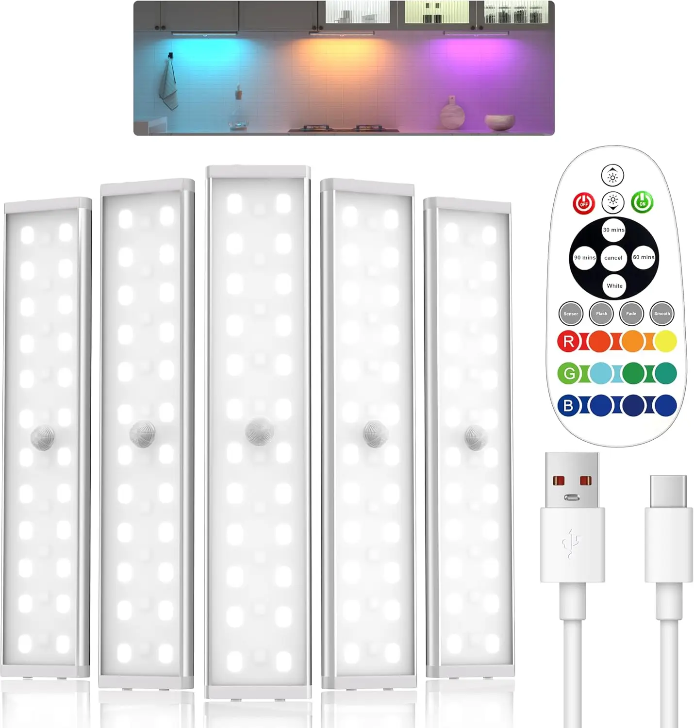 Motion Sensor Under Cabinet Lights, 58LED RGB with Remote, Rechargeable, 5 Pack
Motion Sensor Under Cabinet Lights, 58LED RGB with Remote, Rechargeable, 5 Pack