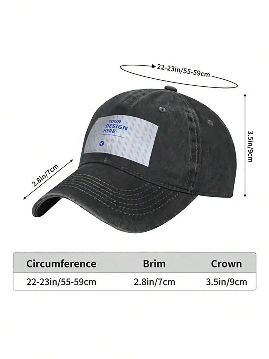 Washed Denim Baseball Cap With Printed Design Sun Protection Adjustable Brim For Adults