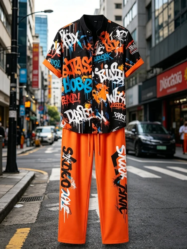 Men Graffiti Print Stand Collar Shirt Orange Letter Pants 2 Piece Streetwear Set
Men Graffiti Print Stand Collar Shirt Orange Letter Pants 2 Piece Streetwear Set
