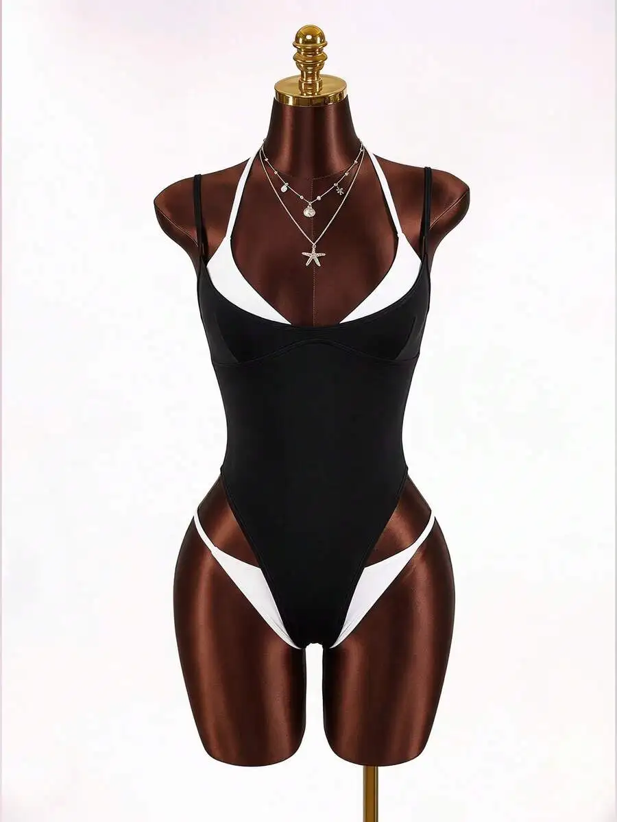 Womens Black And White Contrast One Piece Swimsuit With Halter Neck And High Cut Bottom
Womens Black And White Contrast One Piece Swimsuit With Halter Neck And High Cut Bottom