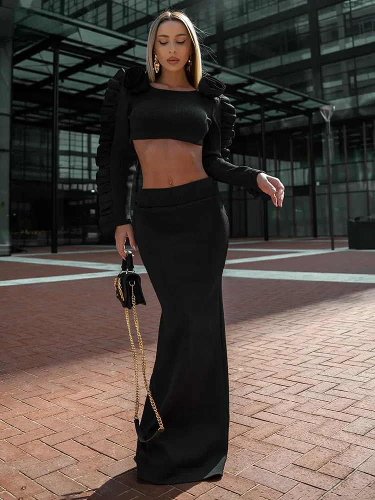 2024 Women’s Fashion Dress Set, High Street Wear, Black Bandage Long Sleeve Crop Top + Long Skirt Suit
2024 Women’s Fashion Dress Set, High Street Wear, Black Bandage Long Sleeve Crop Top + Long Skirt Suit