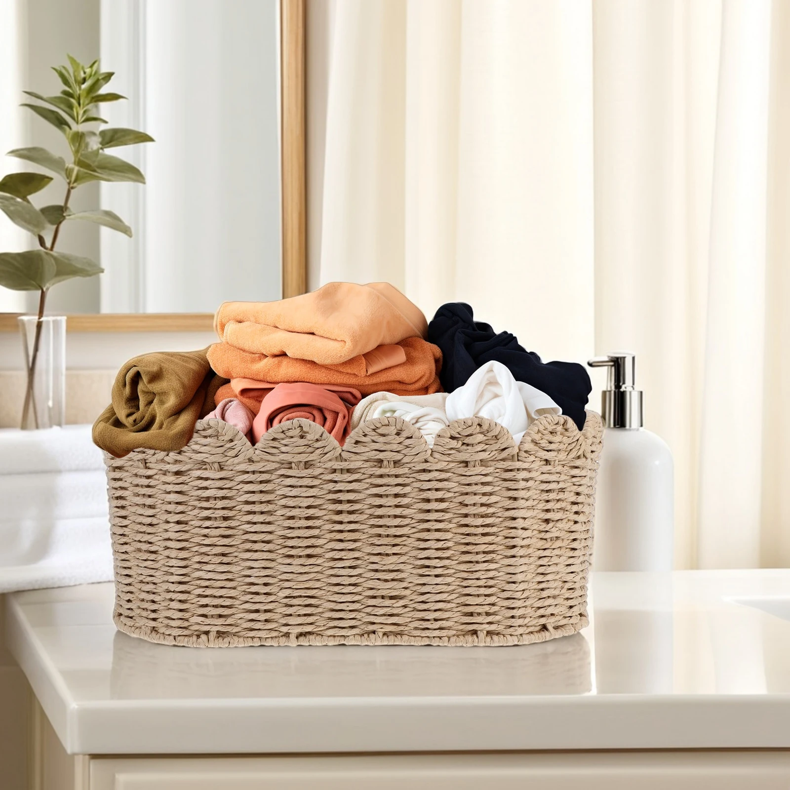 Paper Rope Storage Basket Fan Shaped Iron Frame Neutral Color Toy Hamper Baskets Small Desk Makeup Artisanal Storage 
Paper Rope Storage Basket Fan Shaped Iron Frame Neutral Color Toy Hamper Baskets Small Desk Makeup Artisanal Storage