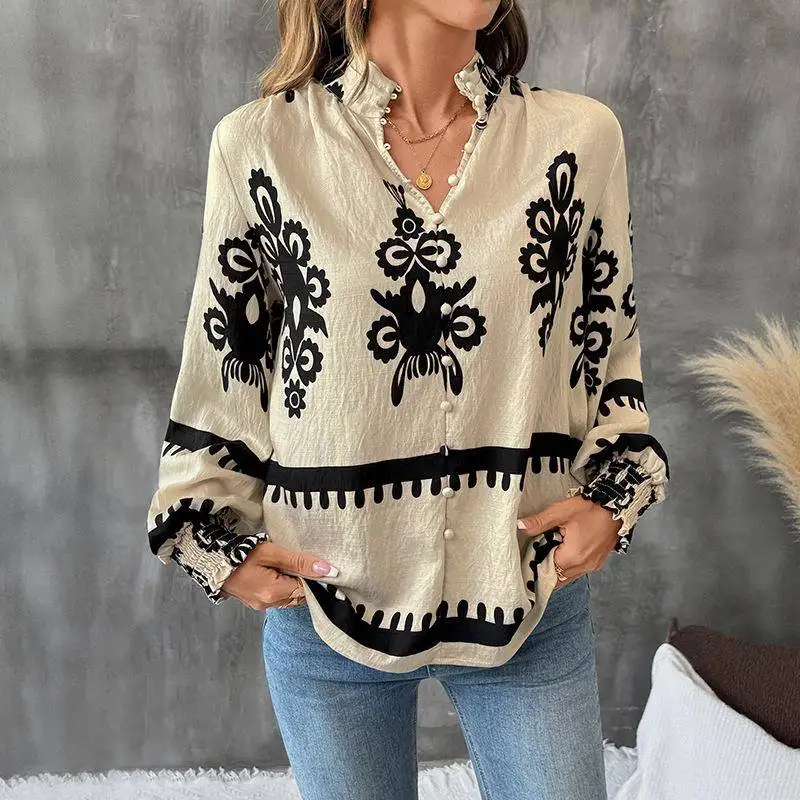 2025 Autumn New Retro Style Long Sleeve Button up Collar Printed Shirt Loose Fit Lantern Sleeve Women's Fashion Ladies' Shirt
2025 Autumn New Retro Style Long Sleeve Button up Collar Printed Shirt Loose Fit Lantern Sleeve Women's Fashion Ladies' Shirt