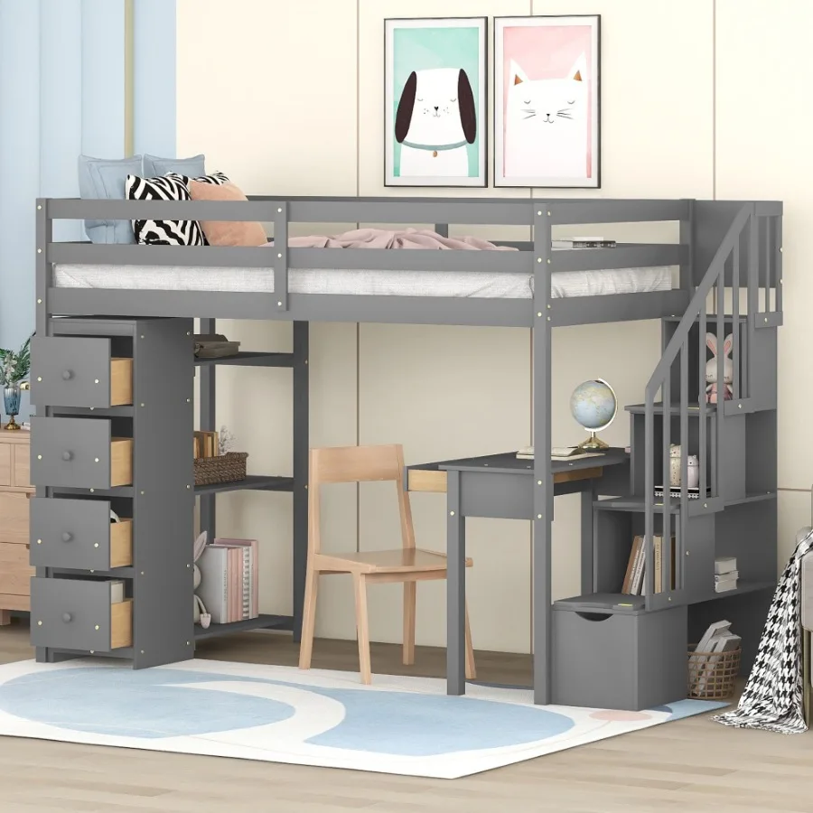 Twin size Loft Bed with Storage Drawers Desk and Stairs Wooden Loft Bed with Shelves Gray
Twin size Loft Bed with Storage Drawers Desk and Stairs Wooden Loft Bed with Shelves Gray