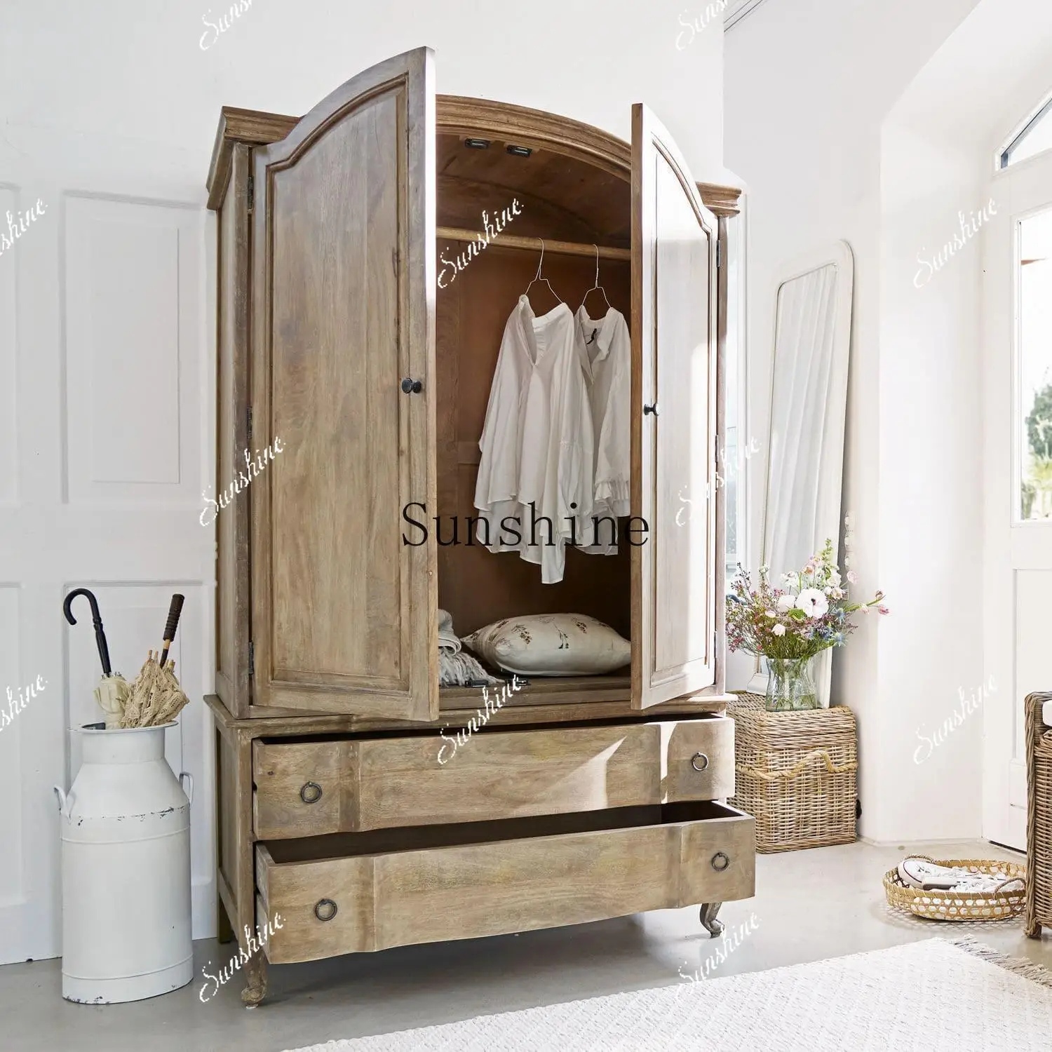 French retro two-door wardrobe log-colored drawer locker FT
French retro two-door wardrobe log-colored drawer locker FT