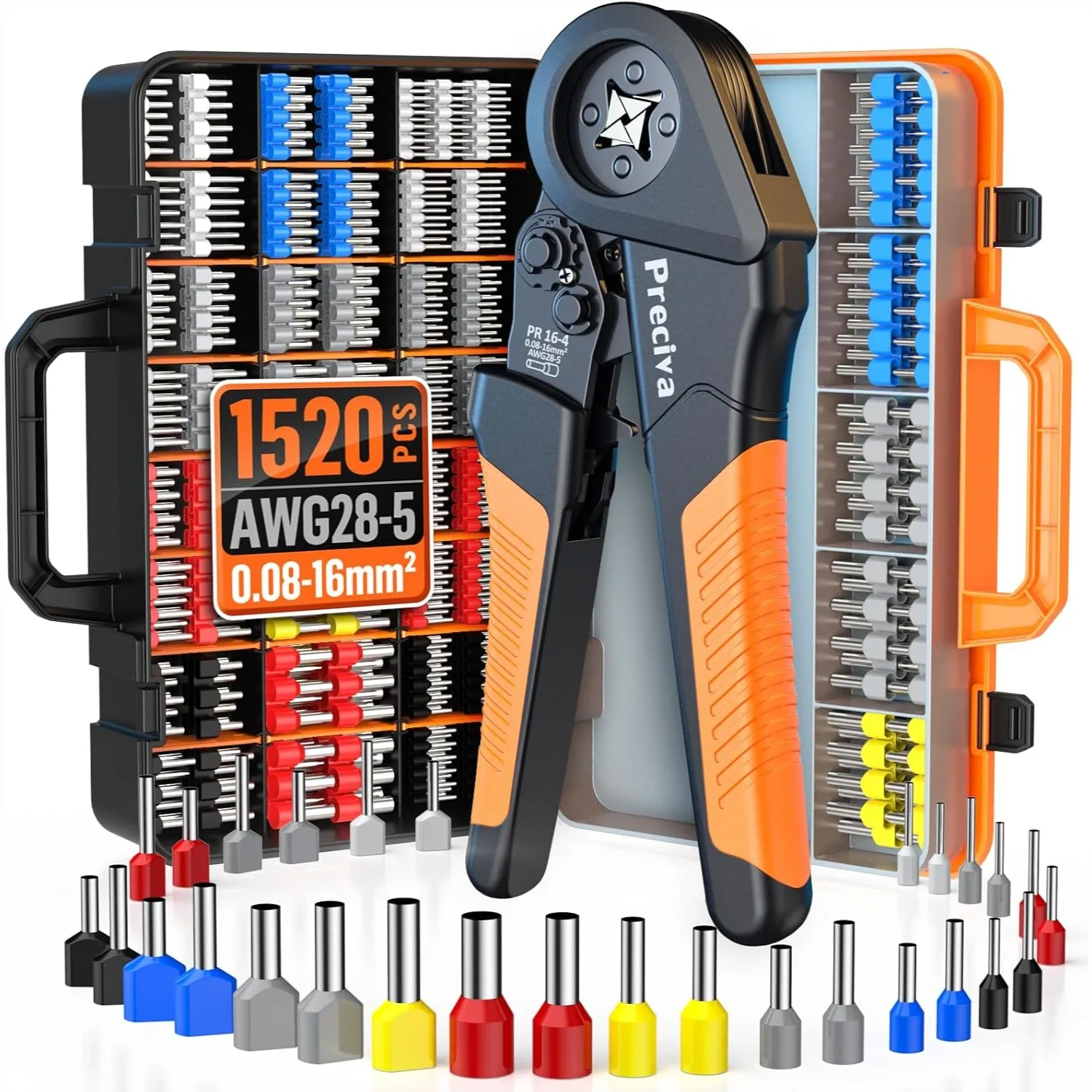 Ferrule Crimping Tool Kit, AWG 28-5 (0.08-16mm²) Self-Adjustable Ratchet Crimper with 1520Pcs Single & Twin Ferrules Connectors,
Ferrule Crimping Tool Kit, AWG 28-5 (0.08-16mm²) Self-Adjustable Ratchet Crimper with 1520Pcs Single & Twin Ferrules Connectors,