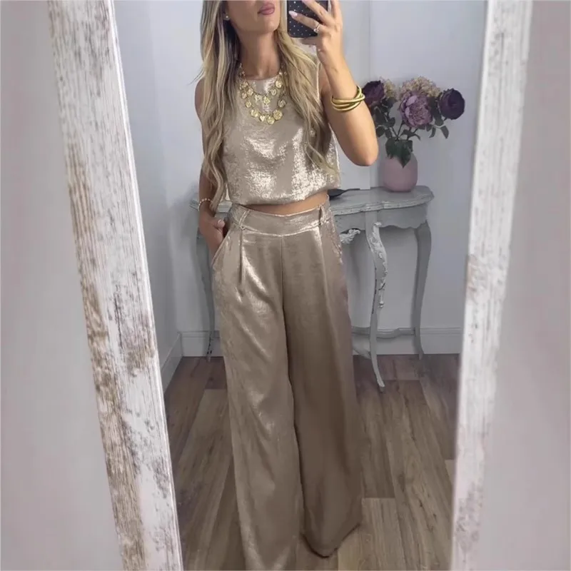 Elegant Crop Top Trouser Suit Women Sleeveless O-Neck Wide Leg Pants Set Female 2025 Spring Summer Fashion 2 Pieces Set Lady 
Elegant Crop Top Trouser Suit Women Sleeveless O-Neck Wide Leg Pants Set Female 2025 Spring Summer Fashion 2 Pieces Set Lady