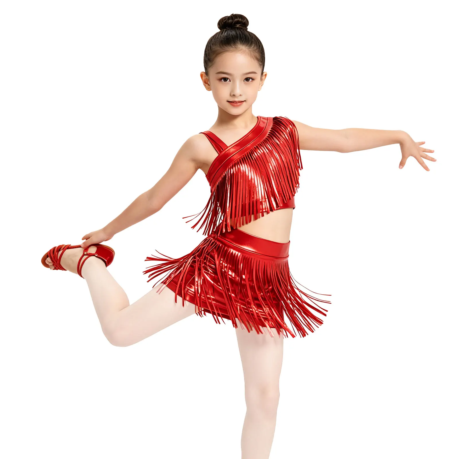 Kids Girls Latin Dance Outfit Asymmetrical Shoulder Tassels Crop Top with Skirt Sets for Samba Rumba Cha-Cha Dance Performance
Kids Girls Latin Dance Outfit Asymmetrical Shoulder Tassels Crop Top with Skirt Sets for Samba Rumba Cha-Cha Dance Performance