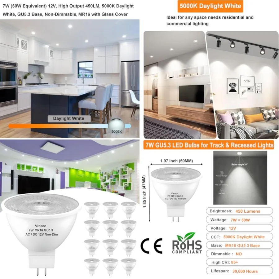 MR16 LED Bulb Daylight V 450LM High Brightness MR16 Bulb GU5.3 Bipin Base 50W Halogen Equivalent Nondimmable, 38°GU5.3 Light Bu
MR16 LED Bulb Daylight V 450LM High Brightness MR16 Bulb GU5.3 Bipin Base 50W Halogen Equivalent Nondimmable, 38°GU5.3 Light Bu
