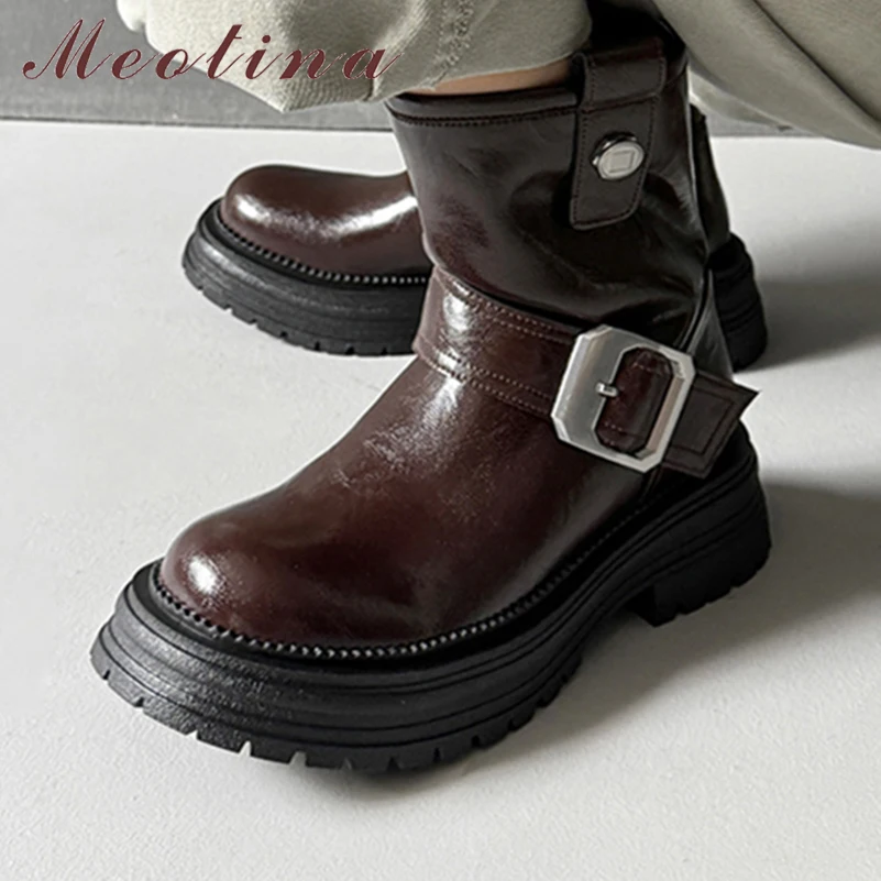 Meotina Women Genuine Leather Ankle Boots Round Toe Thick Mid Heels Buckle Platform Short Boot Ladies Fashion Shoes Winter Brown
Meotina Women Genuine Leather Ankle Boots Round Toe Thick Mid Heels Buckle Platform Short Boot Ladies Fashion Shoes Winter Brown
