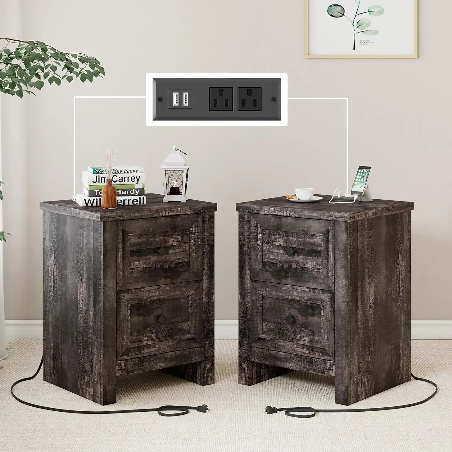Nightstand Set of 2 with Charging Station, Farmhouse End Table with 2 Drawers Storage Cabinet, Rustic Wood Sofa Side Table
Nightstand Set of 2 with Charging Station, Farmhouse End Table with 2 Drawers Storage Cabinet, Rustic Wood Sofa Side Table