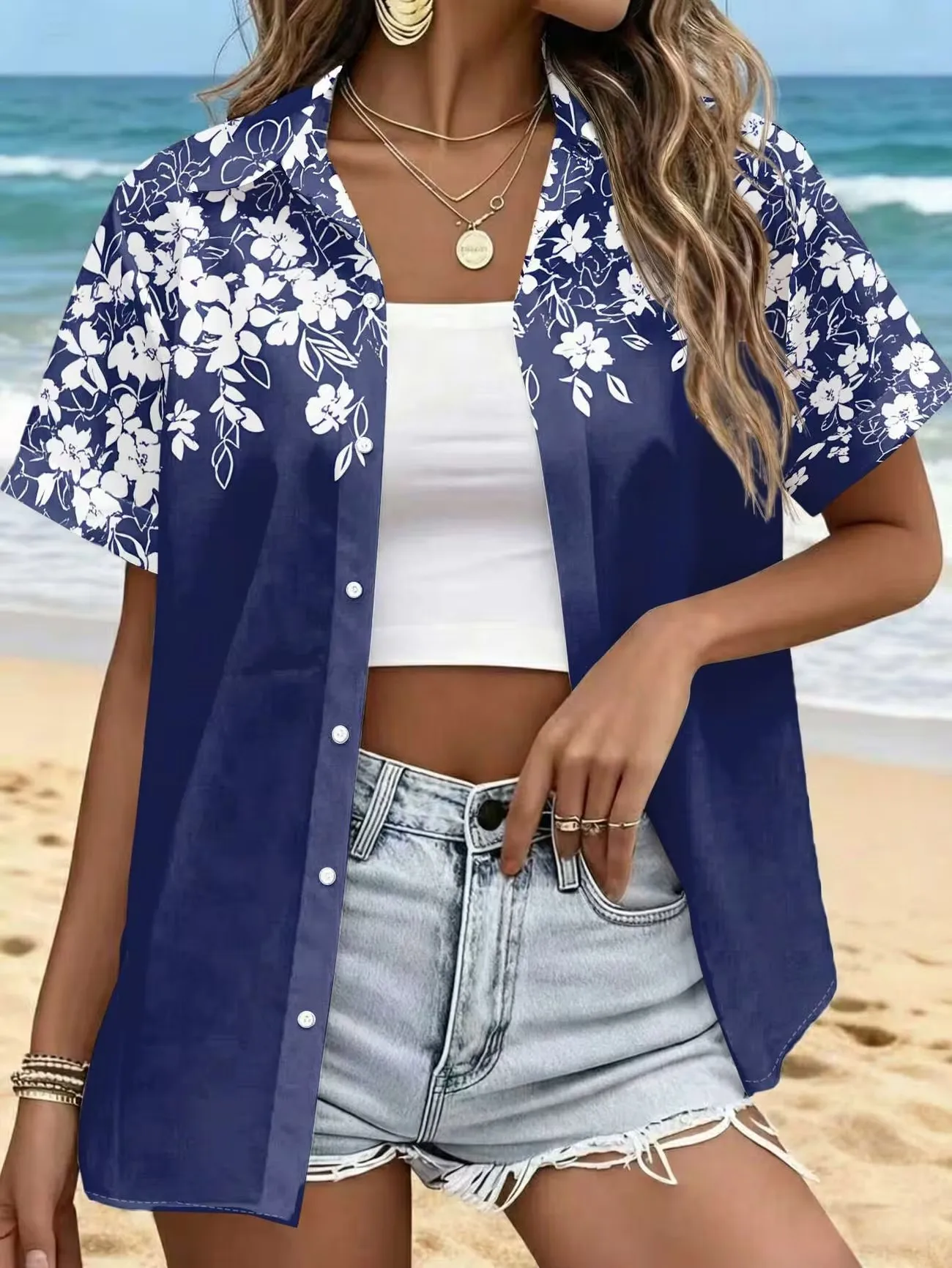 Summer women's short sleeved 3D beach printed shirt
Summer women's short sleeved 3D beach printed shirt