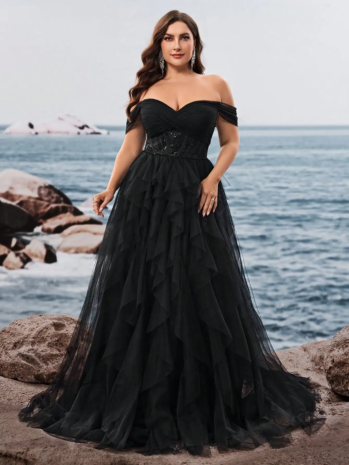 Black Off Shoulder Ruched A-Line Evening Dress with Sequin Waist and Tiered Tulle Skirt for Prom Wedding Guest
Black Off Shoulder Ruched A-Line Evening Dress with Sequin Waist and Tiered Tulle Skirt for Prom Wedding Guest