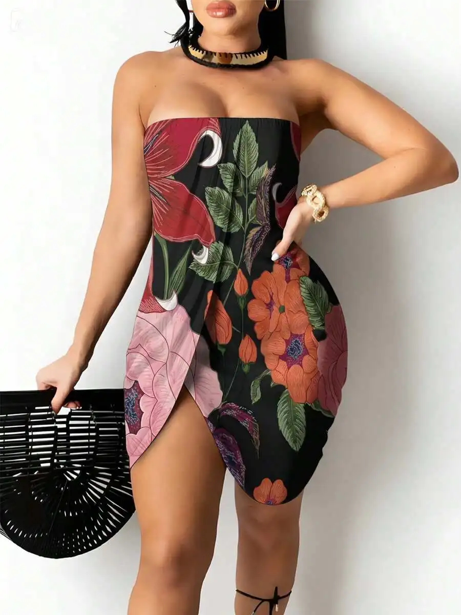 Womens Strapless Bodycon Dress Floral Print Bold Colors Tropical Leaves
Womens Strapless Bodycon Dress Floral Print Bold Colors Tropical Leaves