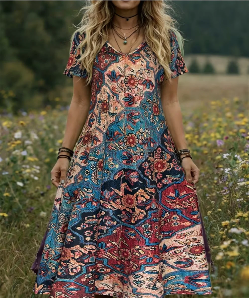 Ladies' summer new elegant floral print dress V-neck short sleeved loose casual long skirt
Ladies' summer new elegant floral print dress V-neck short sleeved loose casual long skirt