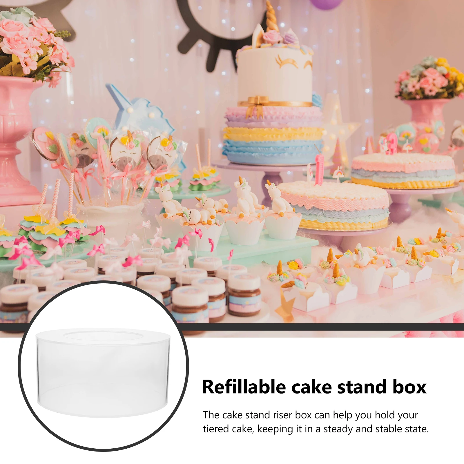 Refillable Clear Cake Riser Box Acrylic Cylinder Cake Stand Support Box Wedding Birthday Party Display Case 
Refillable Clear Cake Riser Box Acrylic Cylinder Cake Stand Support Box Wedding Birthday Party Display Case