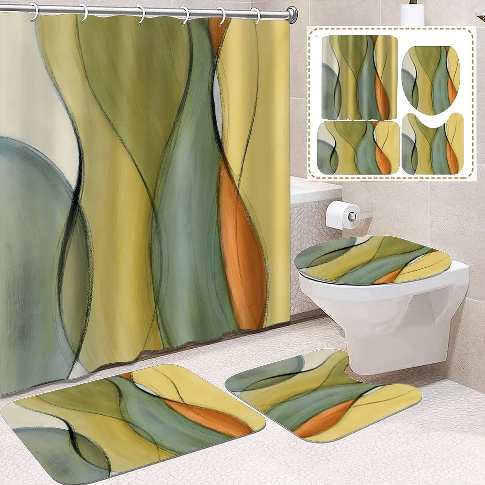 4-piece set of yellow green geometric retro printed waterproof shower curtains with 12 hooks and bathroom floor mats
4-piece set of yellow green geometric retro printed waterproof shower curtains with 12 hooks and bathroom floor mats