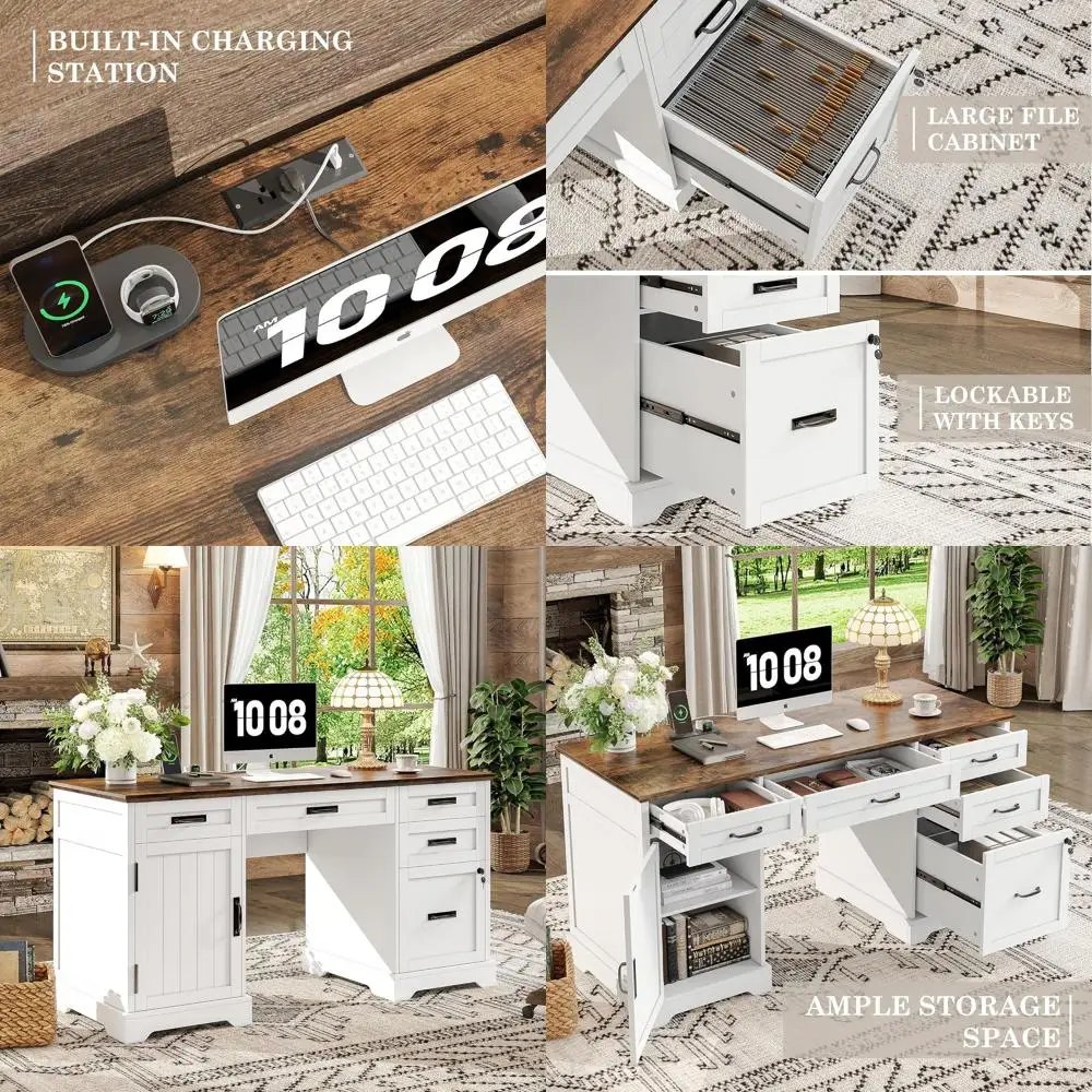 55'' armhouse Executive Desk with ile Cabinet, Home Oice Wood Computer Desk with Ders and Power Outlets, White
55'' armhouse Executive Desk with ile Cabinet, Home Oice Wood Computer Desk with Ders and Power Outlets, White