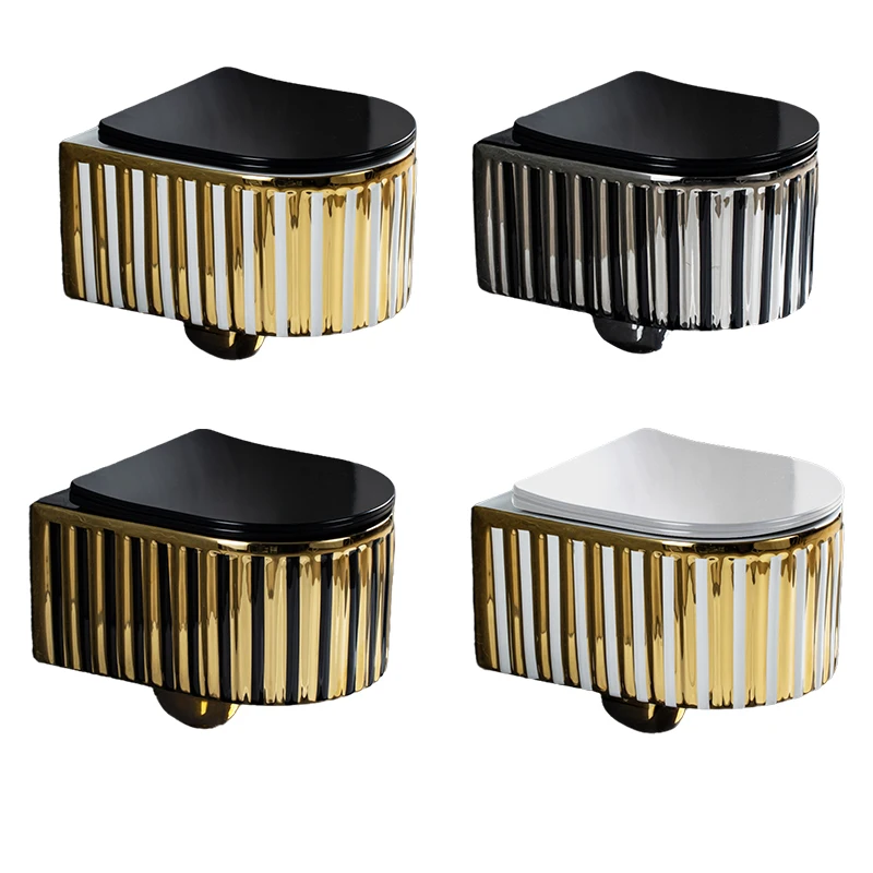 Современный настенный унитаз-комод Плавающий унитаз без оправы с золотой полосой Настенный унитаз Белый Черный 
Современный настенный унитаз-комод Плавающий унитаз без оправы с золотой полосой Настенный унитаз Белый Черный