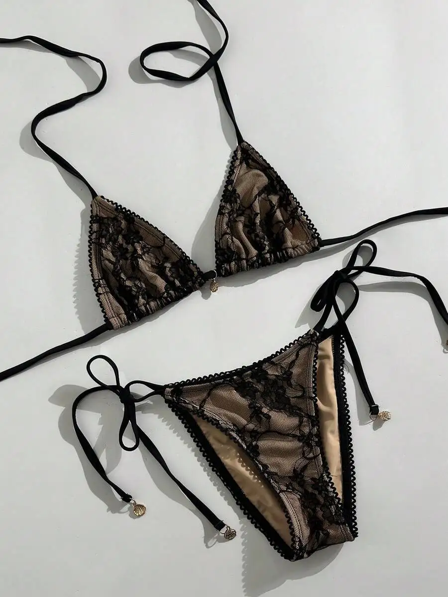2pcs Women Lace Trim Triangle Bikini Set Tie Up Halter Swimwear For Beach Vacation
2pcs Women Lace Trim Triangle Bikini Set Tie Up Halter Swimwear For Beach Vacation