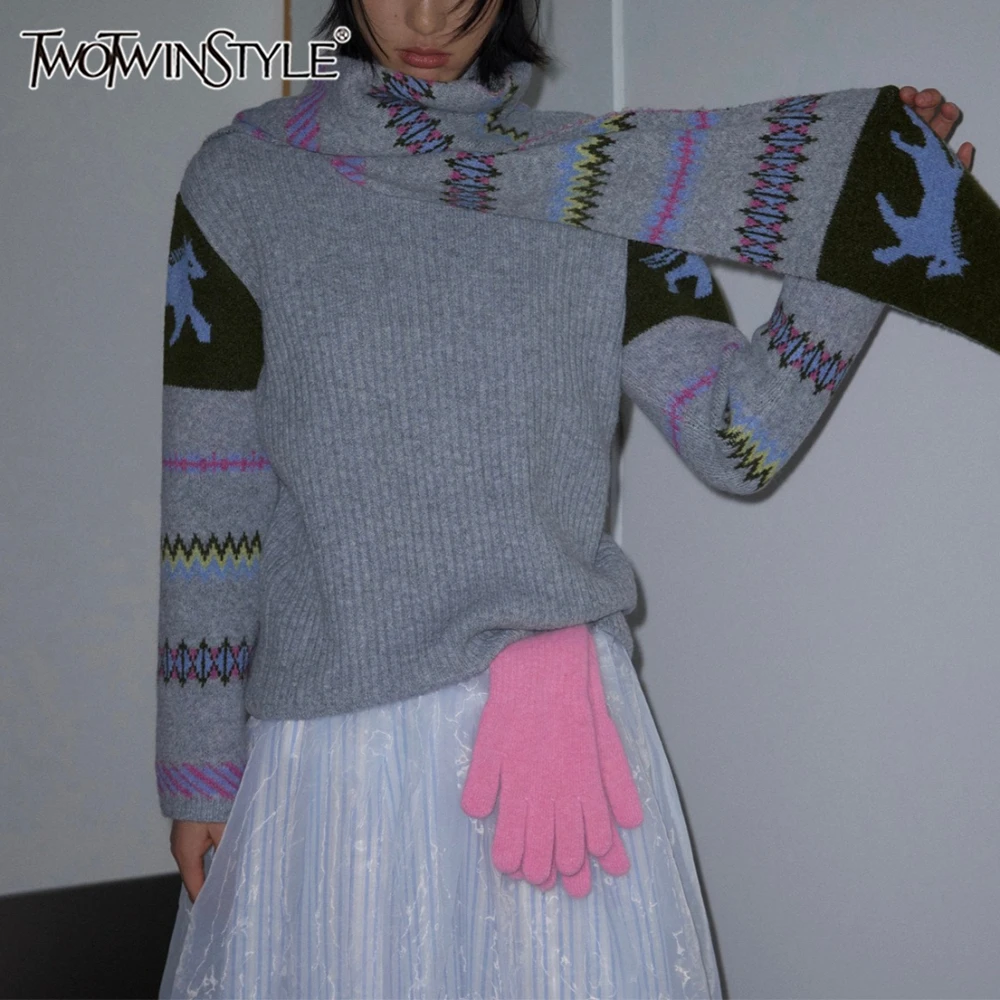 TWOTWINSTYLE Solid Spliced Knit Sweater Female Turtleneck Long Sleeve Loose Korean Casual Women's Sweaters Autumn Fashion New
TWOTWINSTYLE Solid Spliced Knit Sweater Female Turtleneck Long Sleeve Loose Korean Casual Women's Sweaters Autumn Fashion New